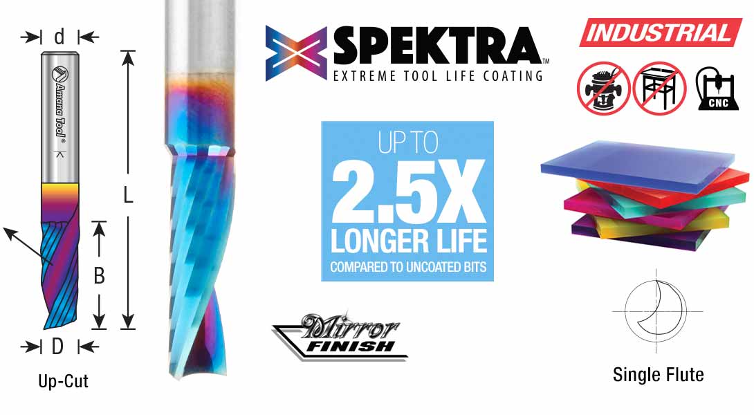 51410-K Solid Carbide CNC Spektra™ Extreme Tool Life Coated Spiral 'O' Flute, Plastic Cutting 1/8 Dia x 1/2 x 1/8 Shank Up-Cut Design Router Bit