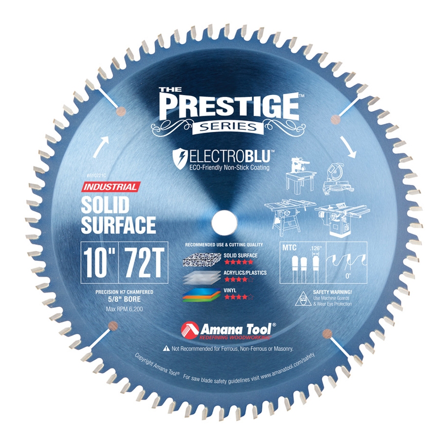 Amana Tool 610721C Electro-Blu Carbide Tipped Prestige Solid Surface 10 Inch D x 72T M-TCG, 0 Deg, 5/8 Bore, Non-Stick Coated Circular Saw Blade_22reqstels
