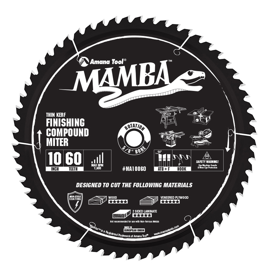 Amana Tool MA10060 Carbide Tipped Thin Kerf Finishing Compound Miter Mamba Contractor Series 10 Inch D x 60T, ATB+F, 8 Deg, 5/8 Bore Circular Saw Blade_22reqt2wta