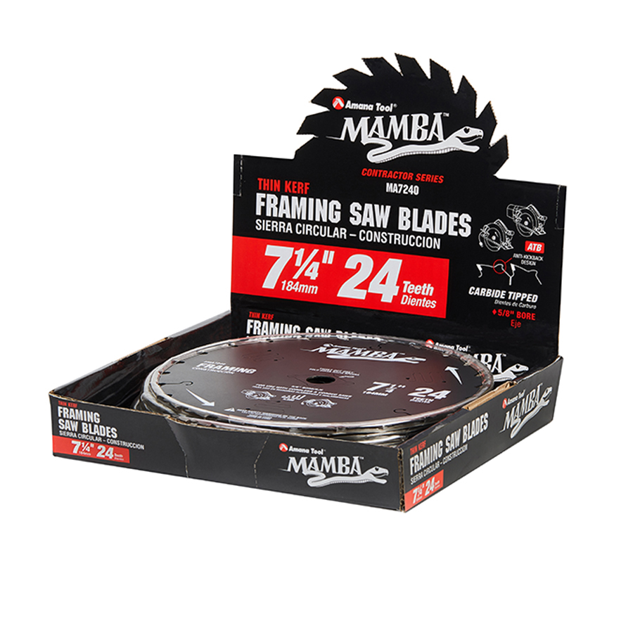 MA7240 Top Quality Carbide Tipped Thin Kerf Framing and Decking Mamba Contractor Series 7-1/4 Inch Dia x 24T, ATB, 18 Deg, 5/8 Bore with Diamond Knockout Circular Saw Blade