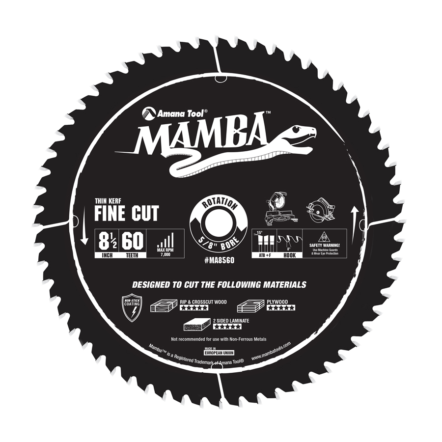 Amana Tool MA8560 Carbide Tipped Thin Kerf Fine Cut Mamba Contractor Series 8-1/2 Inch D x 60T, ATB+F, 8 Deg, 5/8 Bore Circular Saw Blade_22reqt1up0