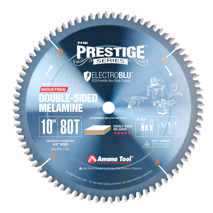 Amana MB10800C Electro-Blu™ Carbide Tipped Prestige™ Double-Face Melamine 10 Inch Dia x 80T H-ATB, -6 Deg, 5/8 Bore, Non-Stick Coated_22reqsss2q