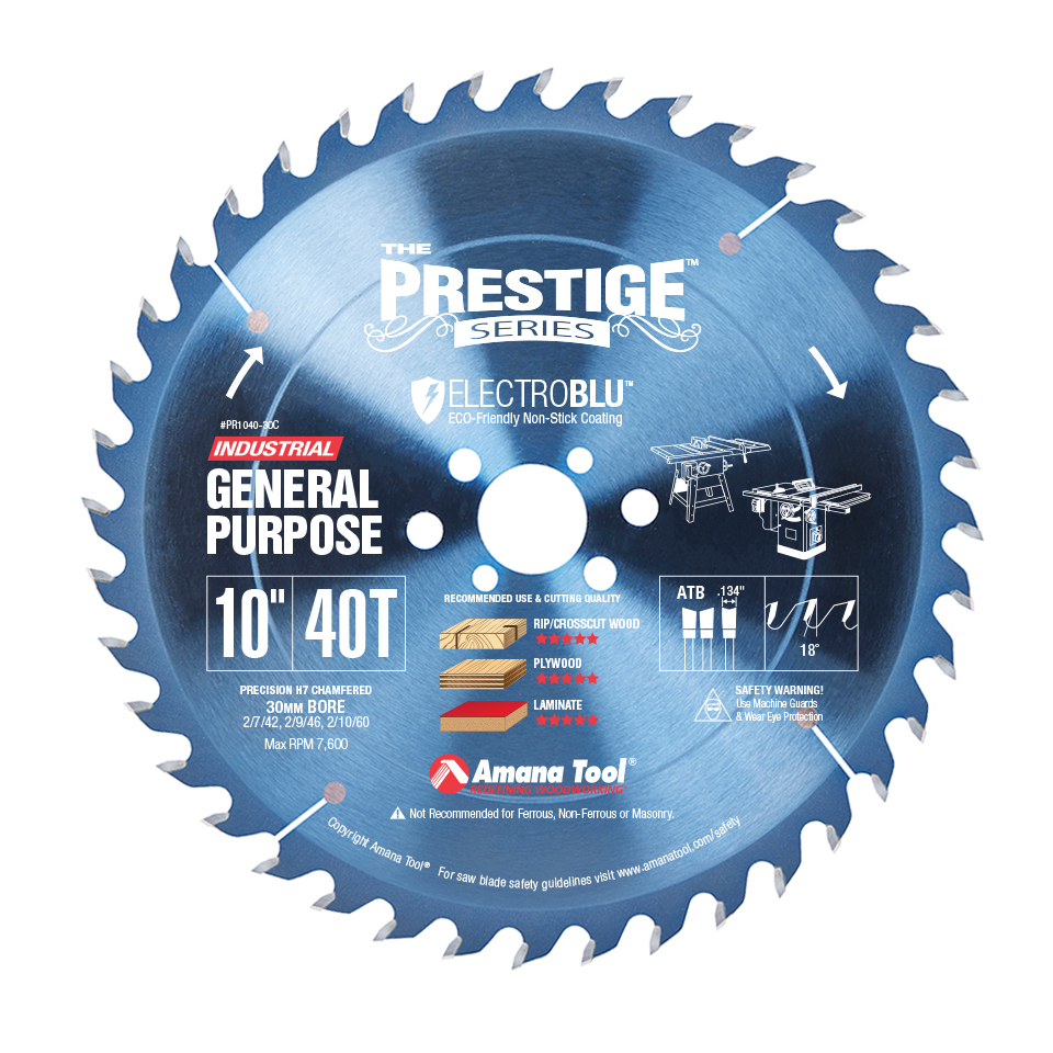 Amana Tool PR1040-30C Electro-Blu Carbide Tipped Prestige 10 Inch D 40T ATB, 18 Deg, 30mm Bore