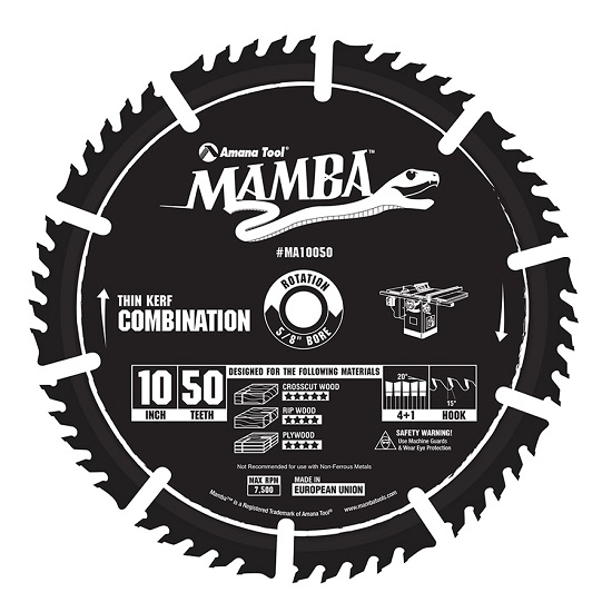 Amana Tool MA10050 Carbide Tipped Thin Kerf Combination Mamba Contractor Series 10 Inch Dia x 50T, 4+1, 15 Deg, 5/8 Bore Circular Saw Blade_22reqt44pe