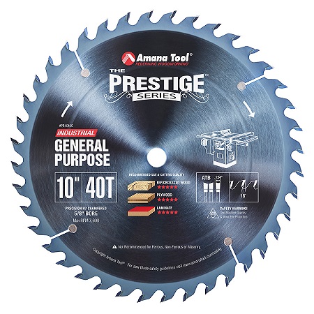 Amana Tool PR1040C Electro-Blu™ Carbide Tipped Prestige General Purpose 10 Inch Dia 40T ATB, 18 Deg, 5/8 Bore